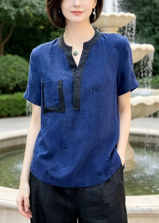 Blue Jacquard Patchwork Pocket Silk Blouses Summer