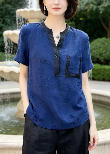 Blue Jacquard Patchwork Pocket Silk Blouses Summer