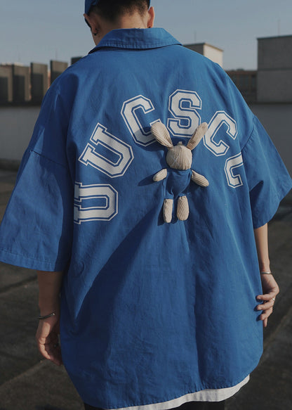 Blue Letter Oversized Patchwork Cotton T Shirts Half Sleeve