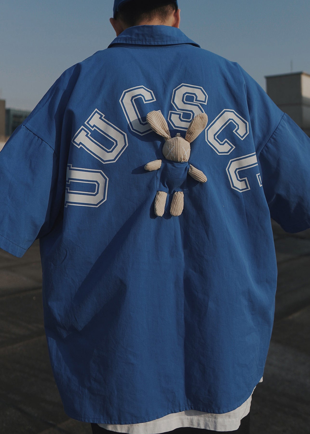 Blue Letter Oversized Patchwork Cotton T Shirts Half Sleeve
