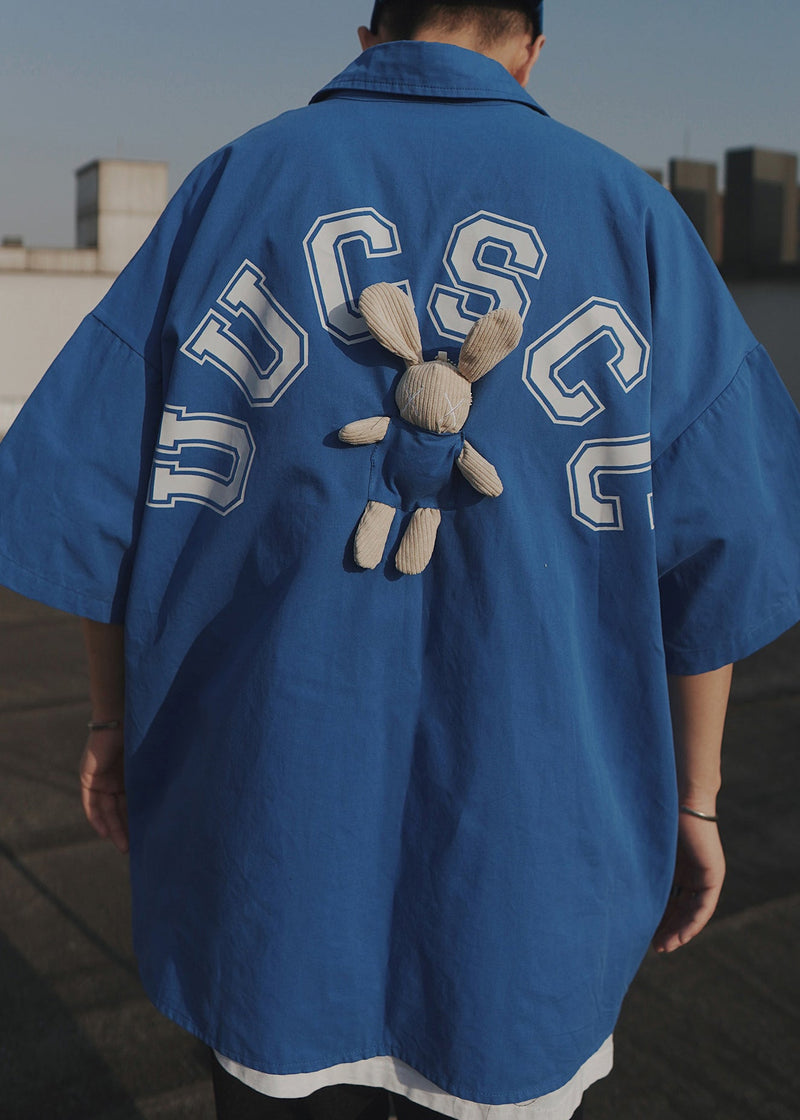 Blue Letter Oversized Patchwork Cotton T Shirts Half Sleeve