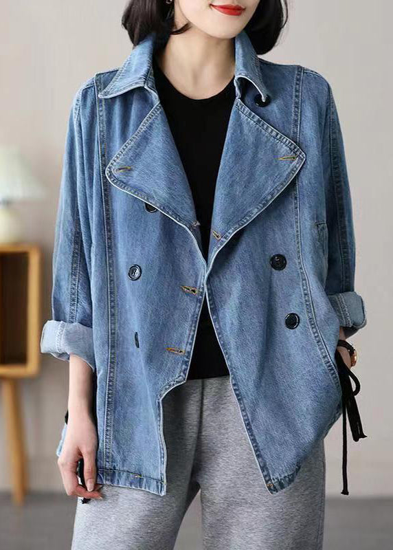 Blue Notched Patchwork Tie Waist Denim Coats Long Sleeve
