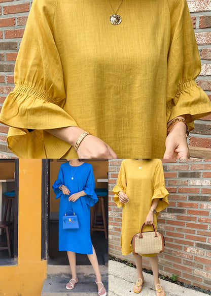 Blue O-neck Long Dresses Flare Sleeve