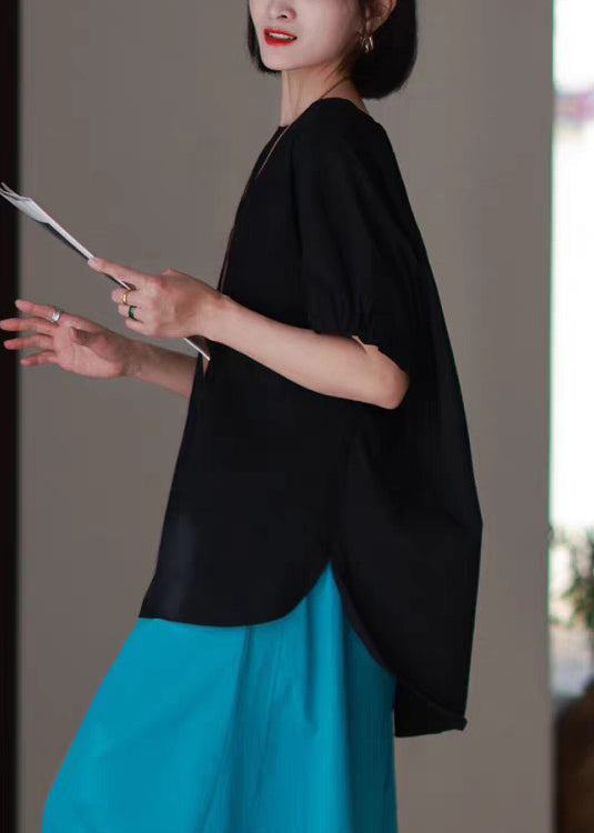 Blue O Neck Low High Design Side Open Cotton T Shirts Summer