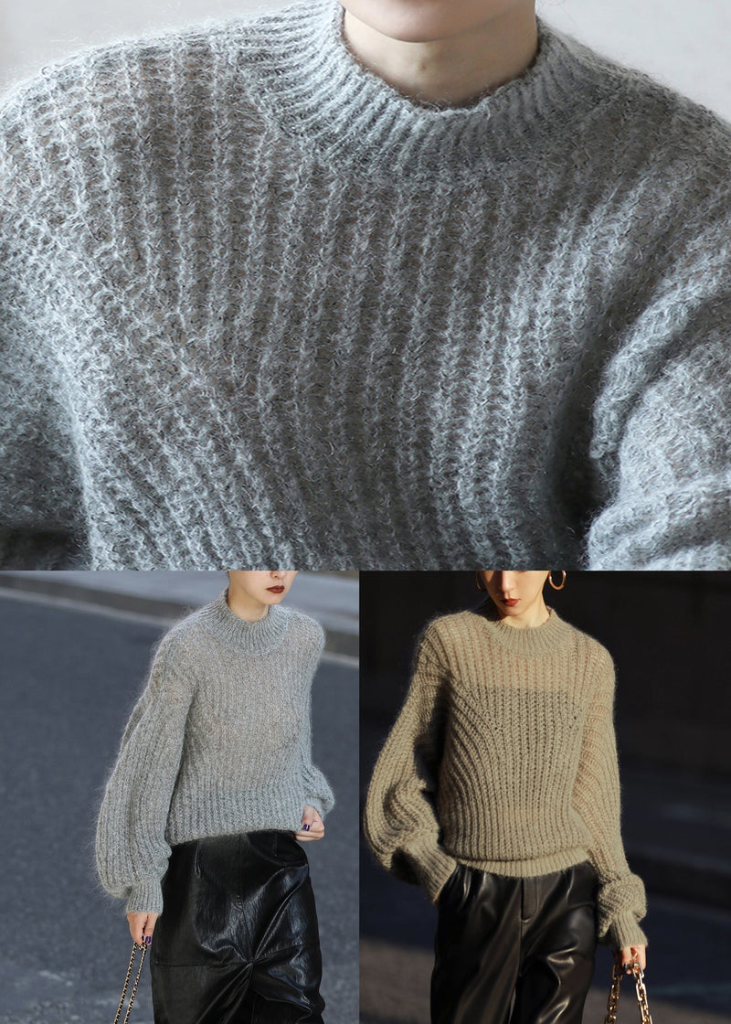 Blue O-neck Ma Hai Mao Knit Sweater Lantern Sleeve