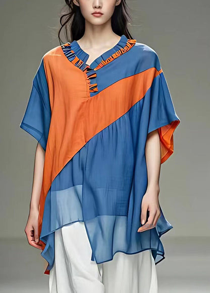 Blue O-neck Patchwork Chiffon Shirt Summer