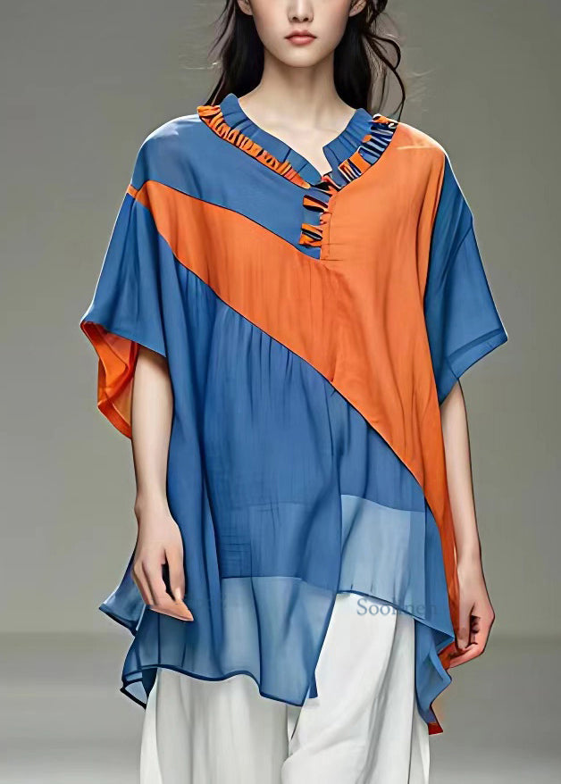 Blue O-neck Patchwork Chiffon Shirt Summer