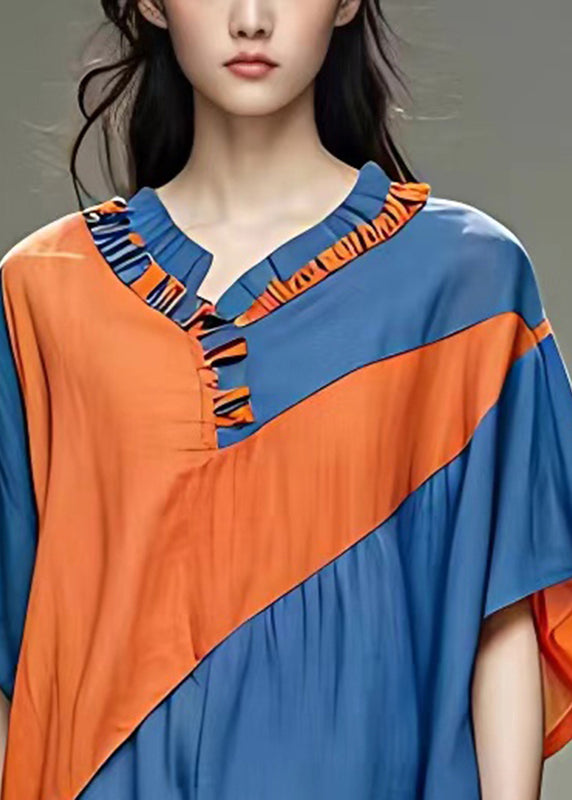 Blue O-neck Patchwork Chiffon Shirt Summer