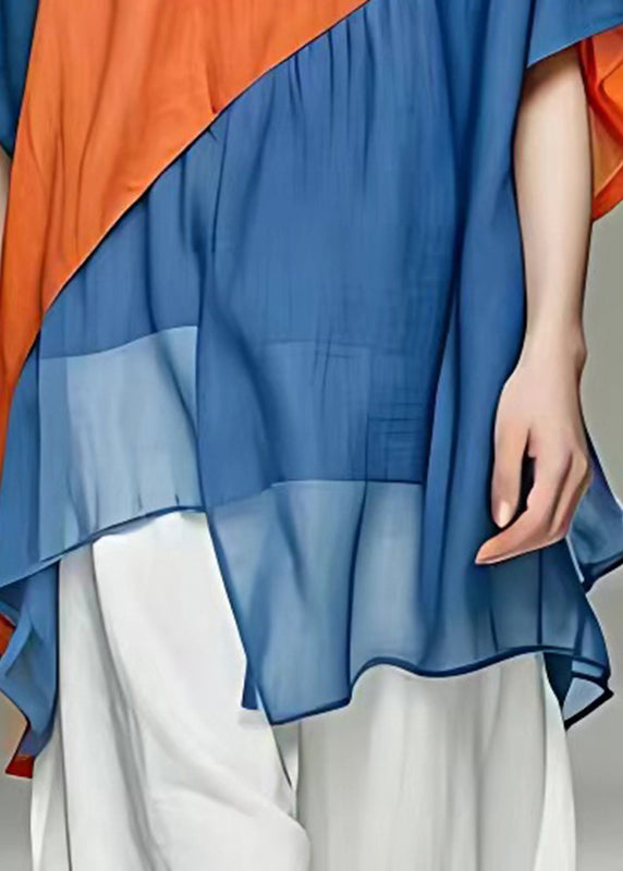 Blue O-neck Patchwork Chiffon Shirt Summer