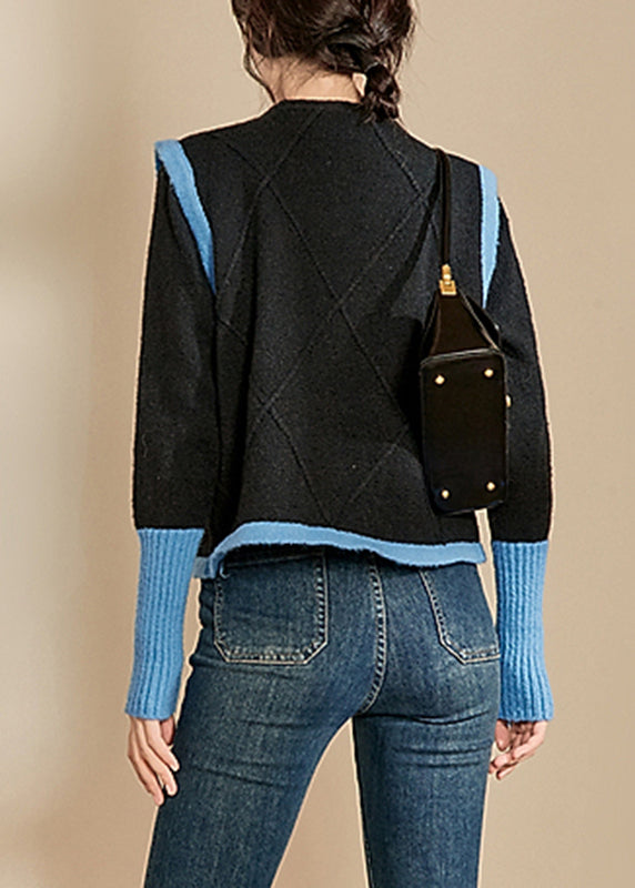 Blue O-neck Patchwork Cotton Knit Sweaters Spring