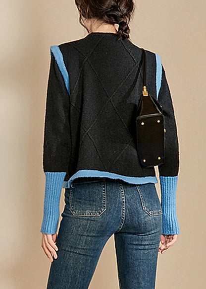 Blue O-neck Patchwork Cotton Knit Sweaters Spring