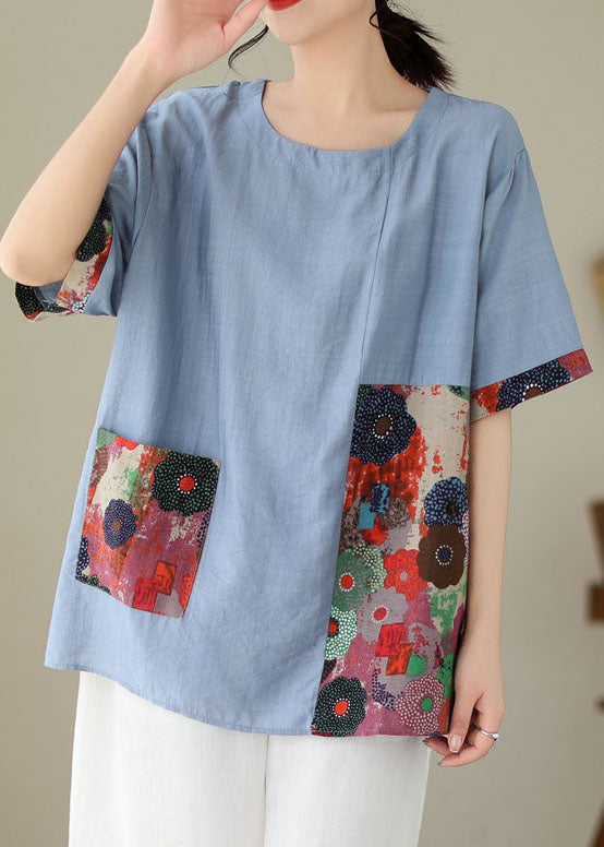 Blue O Neck Print Patchwork Cotton T Shirt Summer