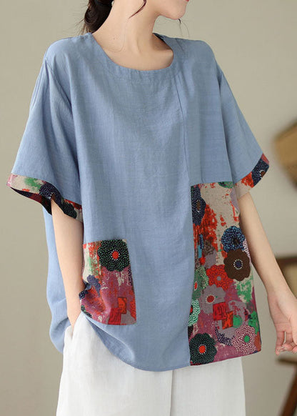 Blue O Neck Print Patchwork Cotton T Shirt Summer