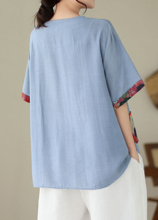 Blue O Neck Print Patchwork Cotton T Shirt Summer