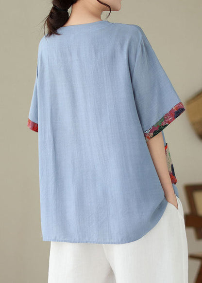 Blue O Neck Print Patchwork Cotton T Shirt Summer