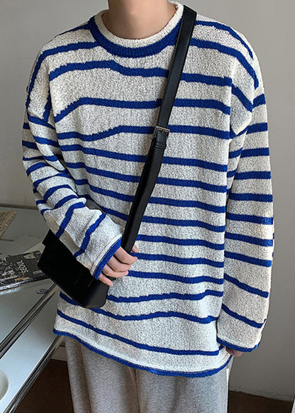 Blue O-neck Striped Cozy Knit Sweaters Spring