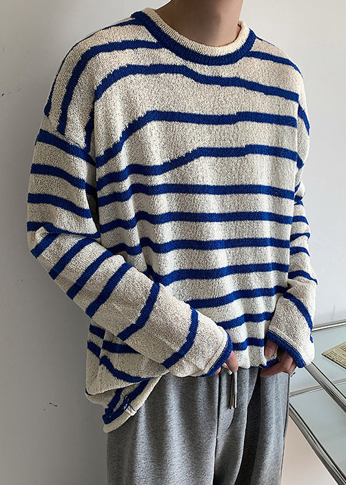 Blue O-neck Striped Cozy Knit Sweaters Spring