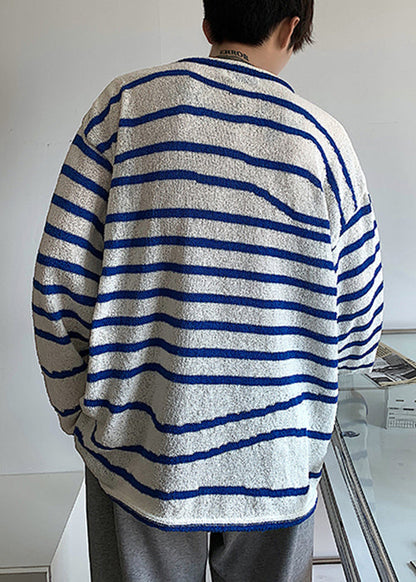 Blue O-neck Striped Cozy Knit Sweaters Spring