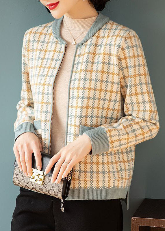 Blue O-neck Zip Up Pockets Plaid Knit Jackets Fall