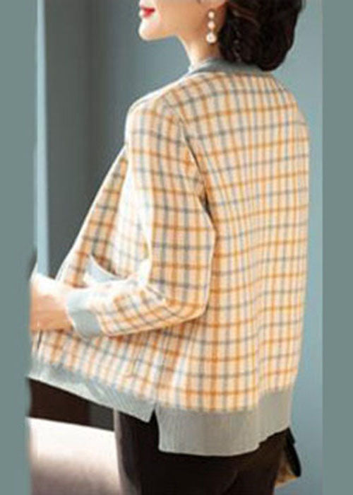 Blue O-neck Zip Up Pockets Plaid Knit Jackets Fall
