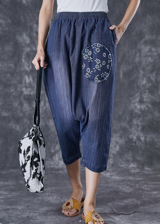 Blue Oversized Patchwork Applique Denim Harem Pants Summer