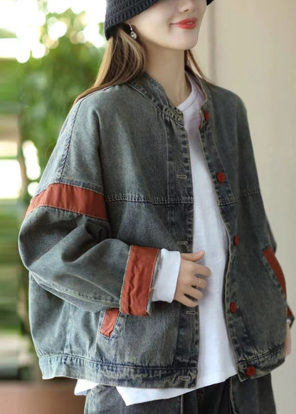 Blue Oversized Patchwork Denim Jacket Spring