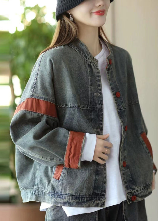 Blue Oversized Patchwork Denim Jacket Spring