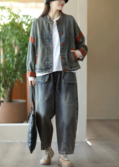 Blue Oversized Patchwork Denim Jacket Spring