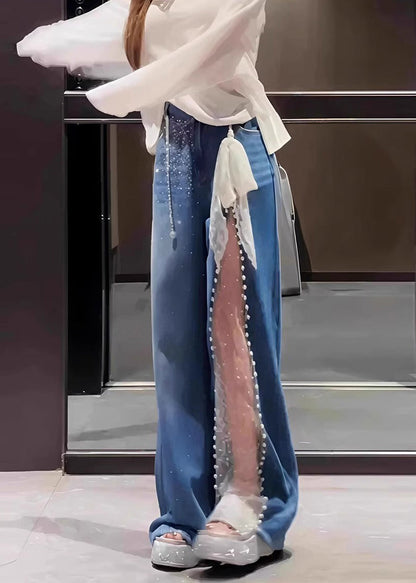 Blue Oversized Patchwork Lace Denim Straight Pants Fall