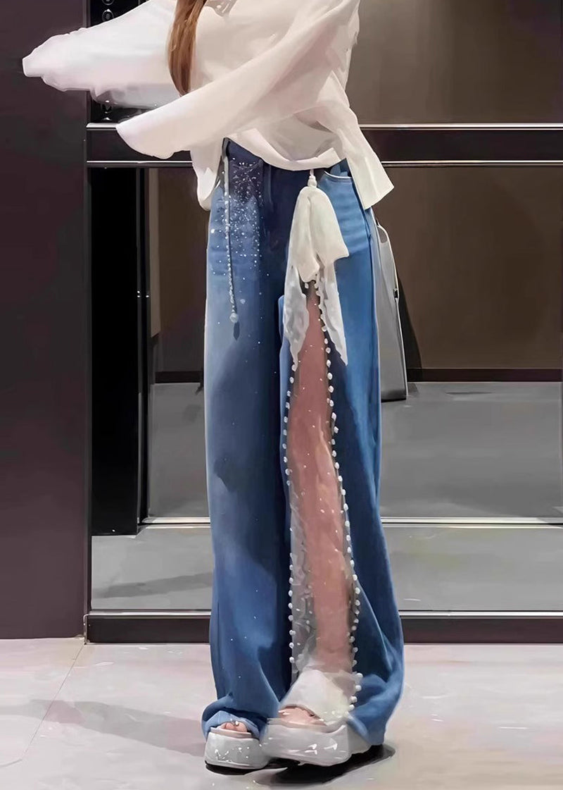 Blue Oversized Patchwork Lace Denim Straight Pants Fall
