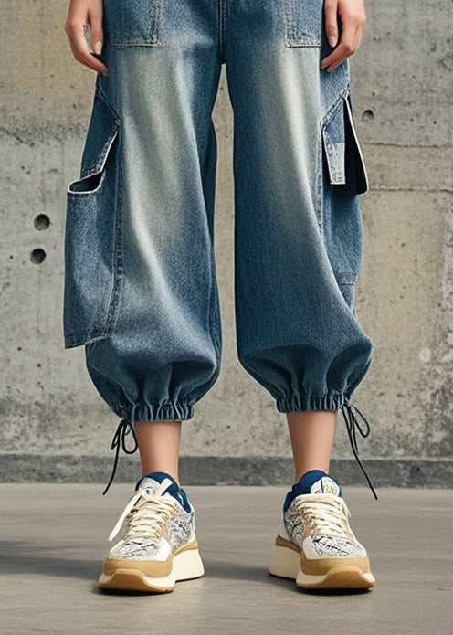 Blue Oversized Pockets Denim Crop Pants Spring