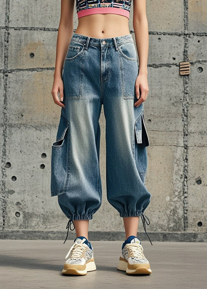 Blue Oversized Pockets Denim Crop Pants Spring
