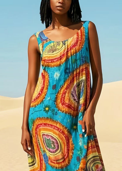 Blue Oversized Print Cotton Maxi Dresses Summer