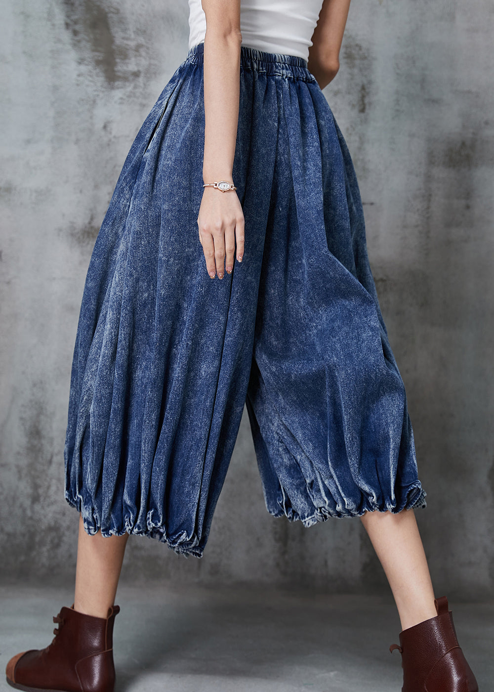 Blue Oversized Wrinkled Denim Wide Leg Pants Spring