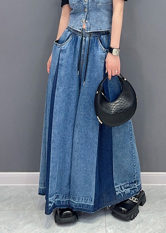 Blue Patchwork Drawstring Elastic Waist Denim Wide Leg Pants Summer