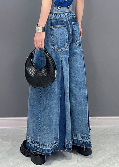 Blue Patchwork Drawstring Elastic Waist Denim Wide Leg Pants Summer