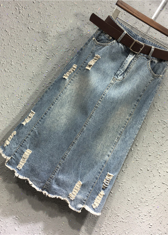 Blue Patchwork Elastic Waist Sashes Denim a Line Skirts