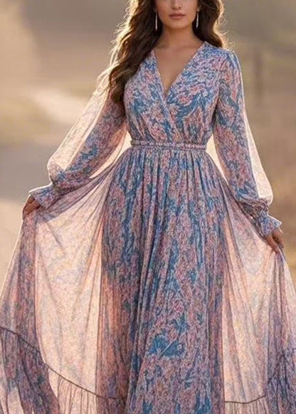 Blue Patchwork Tunic Chiffon Long Dresses Lantern Sleeve