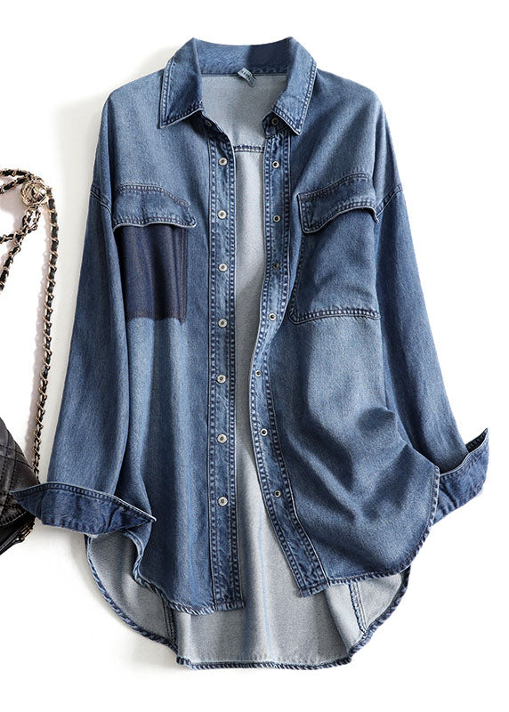 Blue Peter Pan Collar Button Patchwork Denim Shirts Fall
