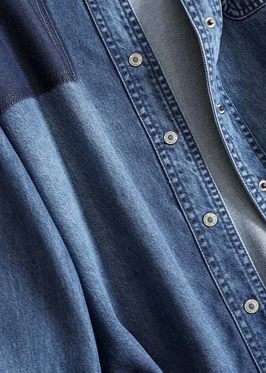 Blue Peter Pan Collar Button Patchwork Denim Shirts Fall