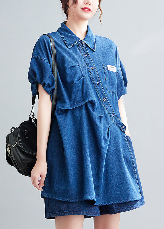 Blue Peter Pan Collar Cotton Shirts and Shorts Two Pieces Set Summer