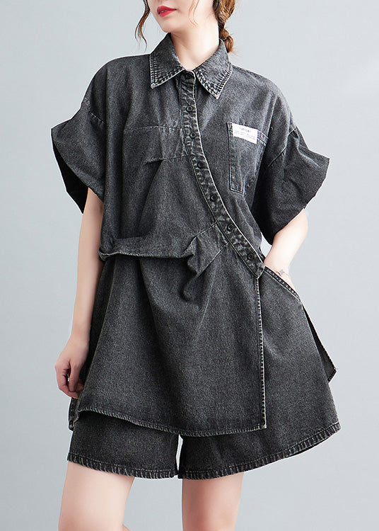 Blue Peter Pan Collar Cotton Shirts and Shorts Two Pieces Set Summer