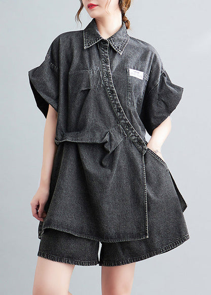 Blue Peter Pan Collar Cotton Shirts and Shorts Two Pieces Set Summer