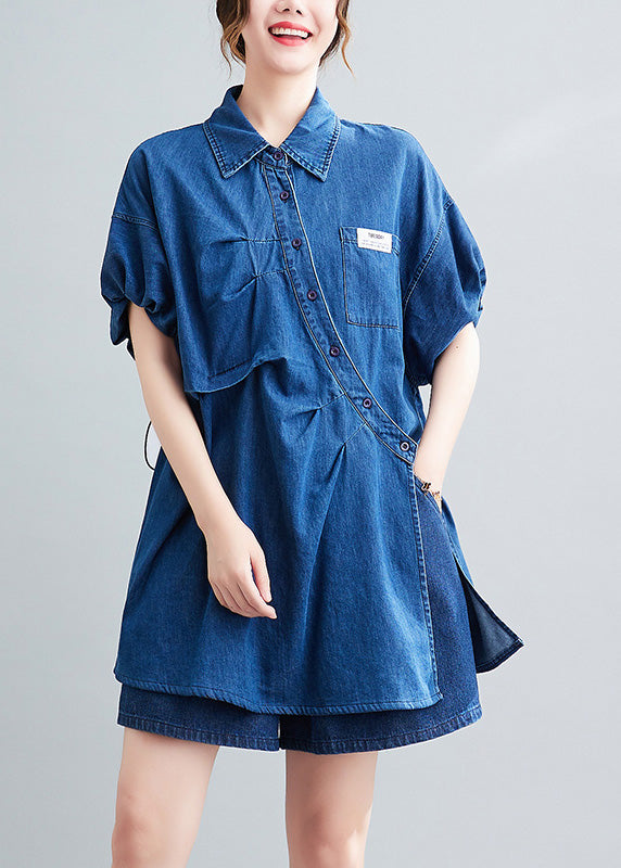 Blue Peter Pan Collar Cotton Shirts and Shorts Two Pieces Set Summer