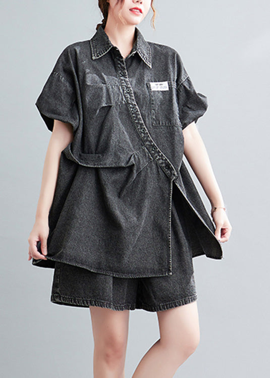 Blue Peter Pan Collar Cotton Shirts and Shorts Two Pieces Set Summer