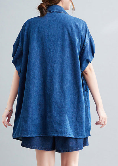 Blue Peter Pan Collar Cotton Shirts and Shorts Two Pieces Set Summer