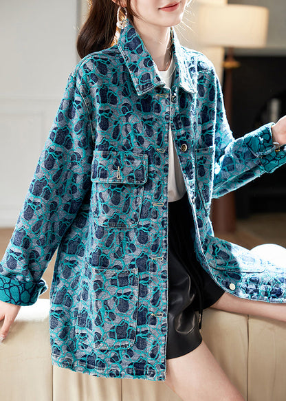 Casual Blue Peter Pan Collar Embroidered Button Shirt Fall