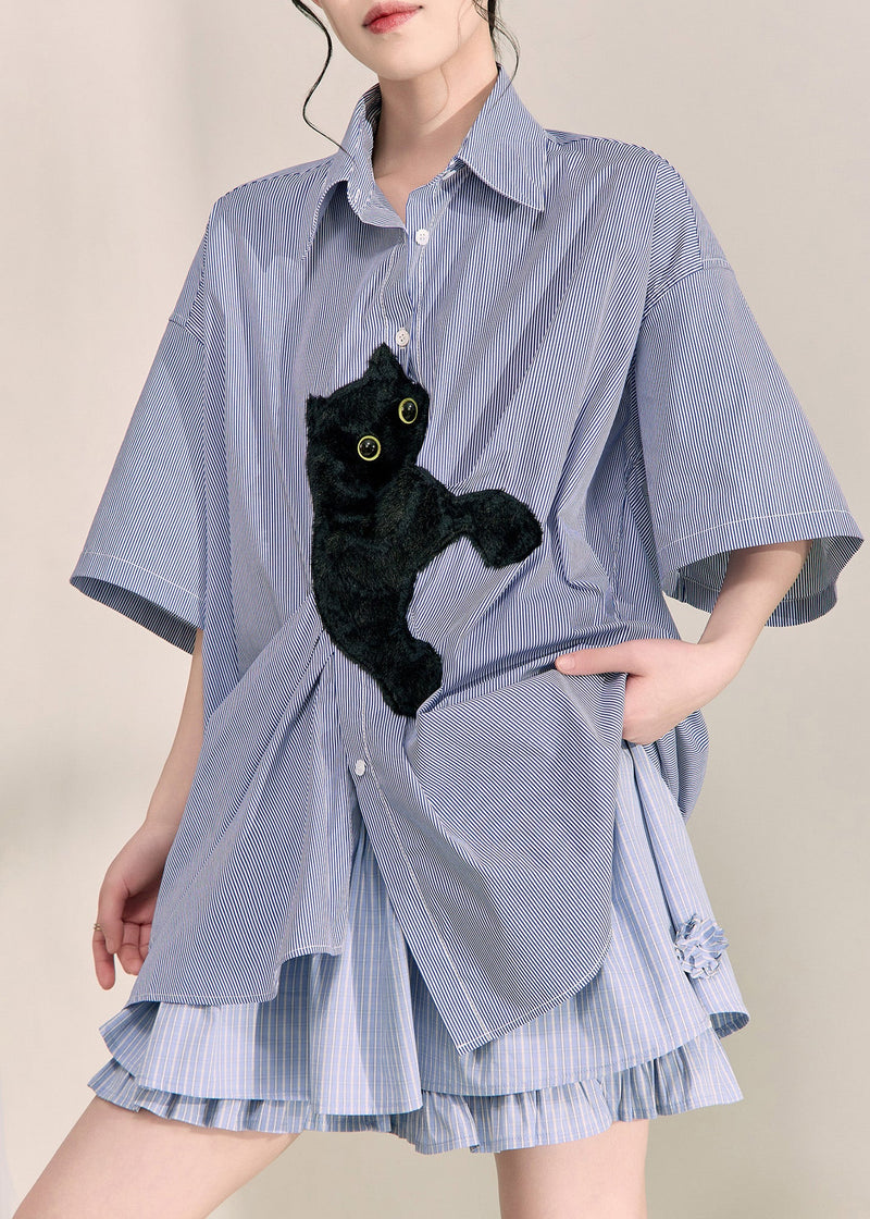 Blue Peter Pan Collar Little Cats Striped Shirts Summer