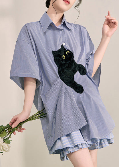 Blue Peter Pan Collar Little Cats Striped Shirts Summer