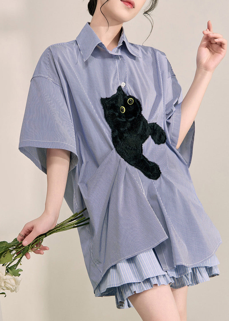 Blue Peter Pan Collar Little Cats Striped Shirts Summer